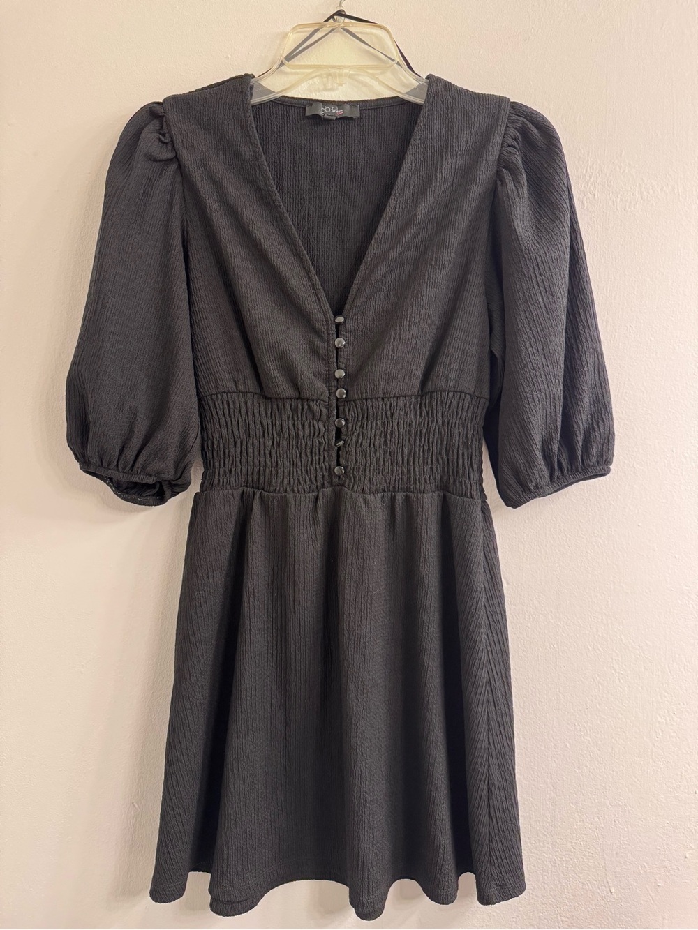 GLO Fashion Smocked-Waist Puff-Sleeve Mini Dress in Charcoal